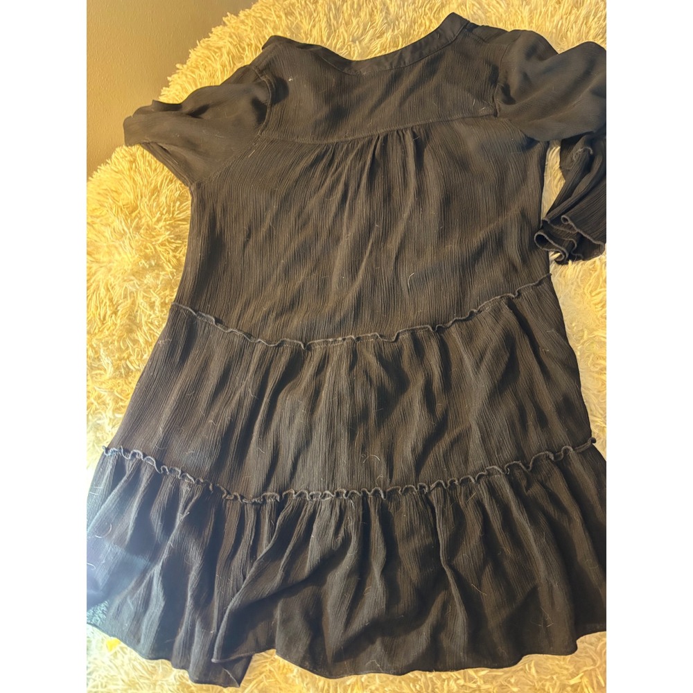 Elan Black Tiered Babydoll Mini Dress V-Neck Long Sleeve Ruffle Cuff Small